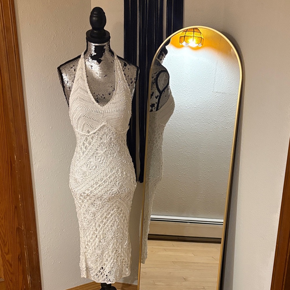 White Crochet Halter Dress